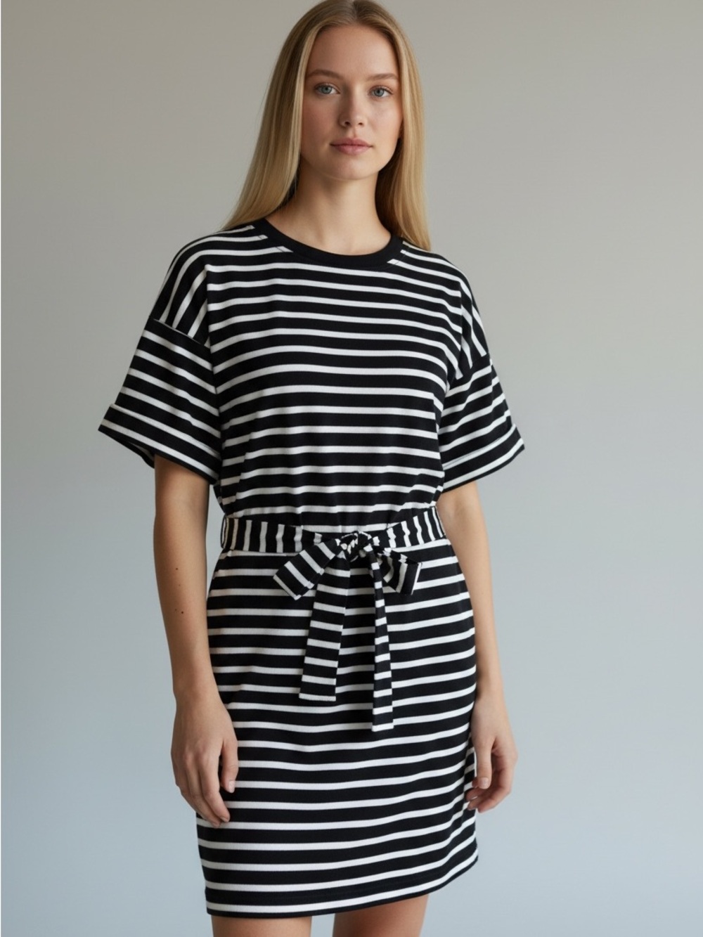 She + Sky Black & White Striped Belted Mini Dress